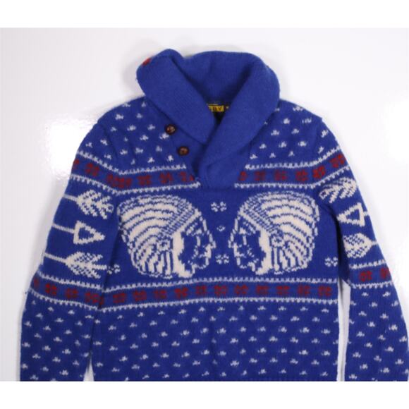 Ralph Lauren Rugby Blue Indian Head Shawl Wool Heavy Thick Sweater XS - Picture 2 of 8